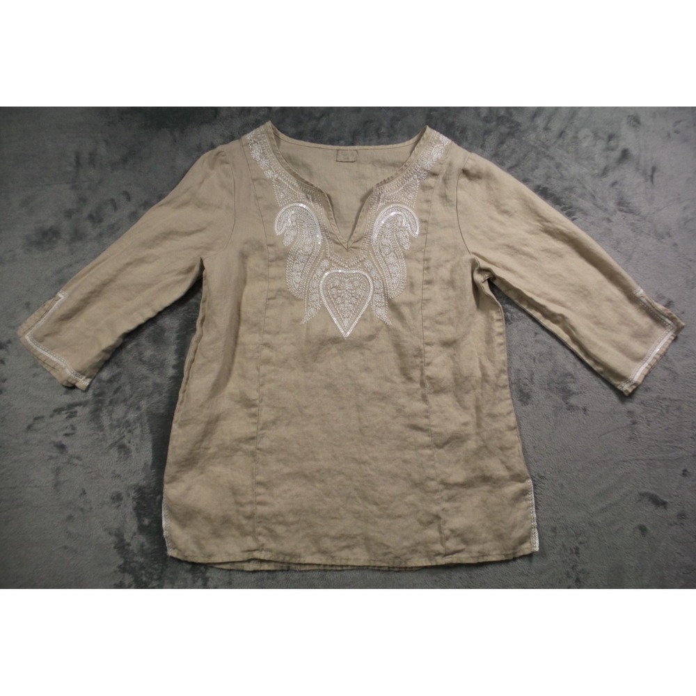 Symple NYC Shirt‎ Womens Size Small Brown 100% Linen Embroidered Pullover V-Neck